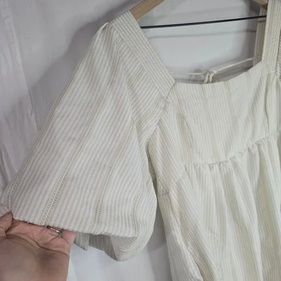 Free People Gigi Cream Vertical Stripe Puff Sleeve Tunic Top Boho Spring Size L - Picture 3 of 10